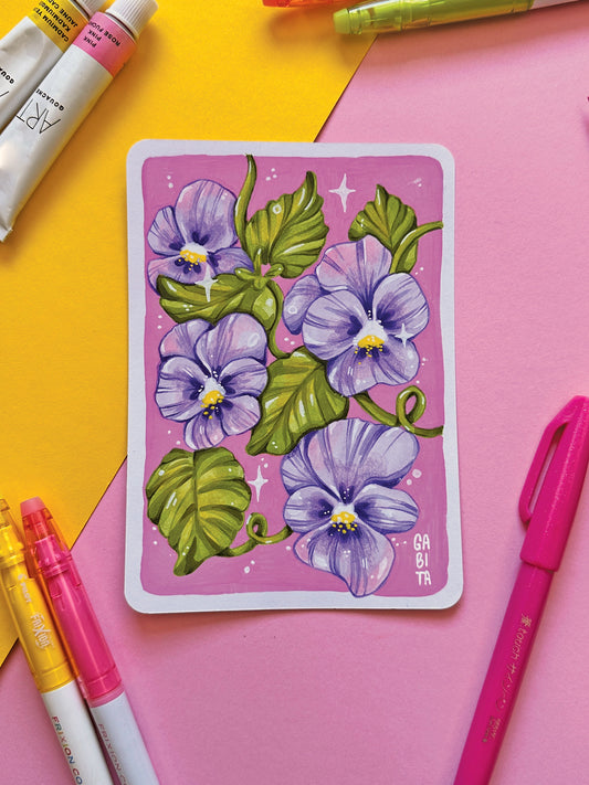 Purple Pansy Original Artwork A6, Acrylic Marker, Colored Pencil, Handmade, Hand Drawn Flower Art, Colorful Botanical Drawing, Art Gift