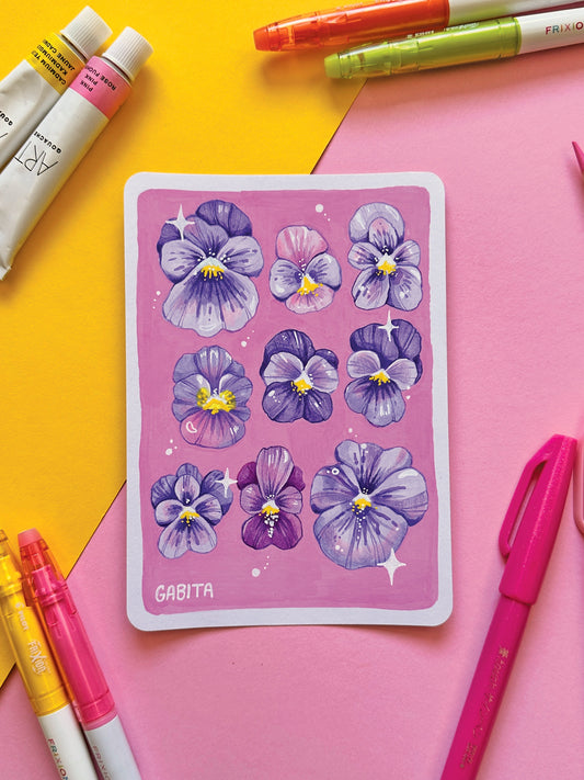 Purple Pansy Original Artwork A6, Acrylic Marker, Colored Pencil, Handmade, Hand Drawn Flower Art, Colorful Botanical Drawing, Art Gift