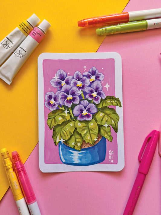 Purple Pansy Original Artwork A6, Acrylic Marker, Colored Pencil, Handmade, Hand Drawn Flower Art, Colorful Botanical Drawing, Art Gift