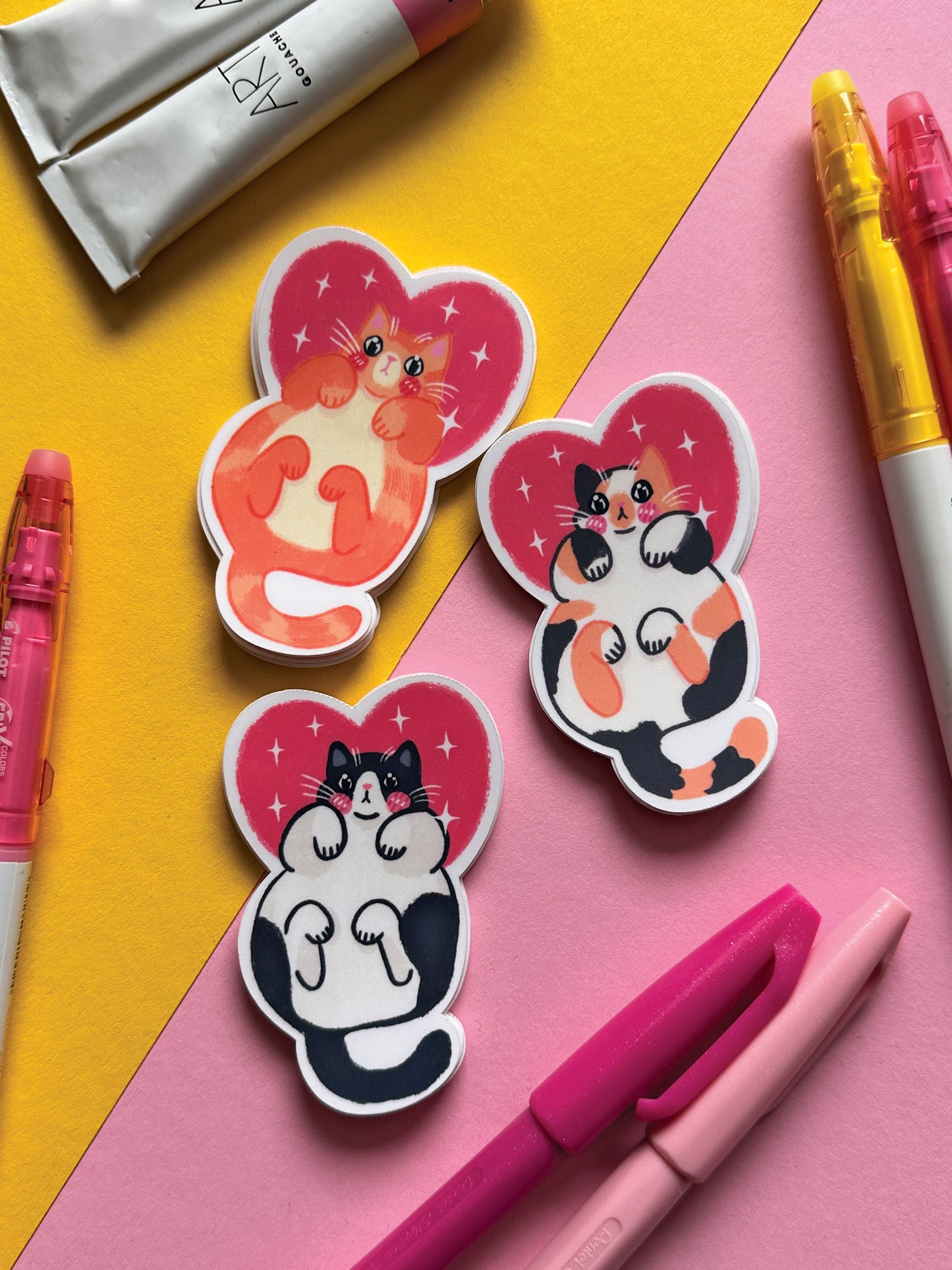 I love my Cat | Black Cat Cute Pink Valentine Stickers, Kawaii Art, Heart Stationery, Pet Lover Gift