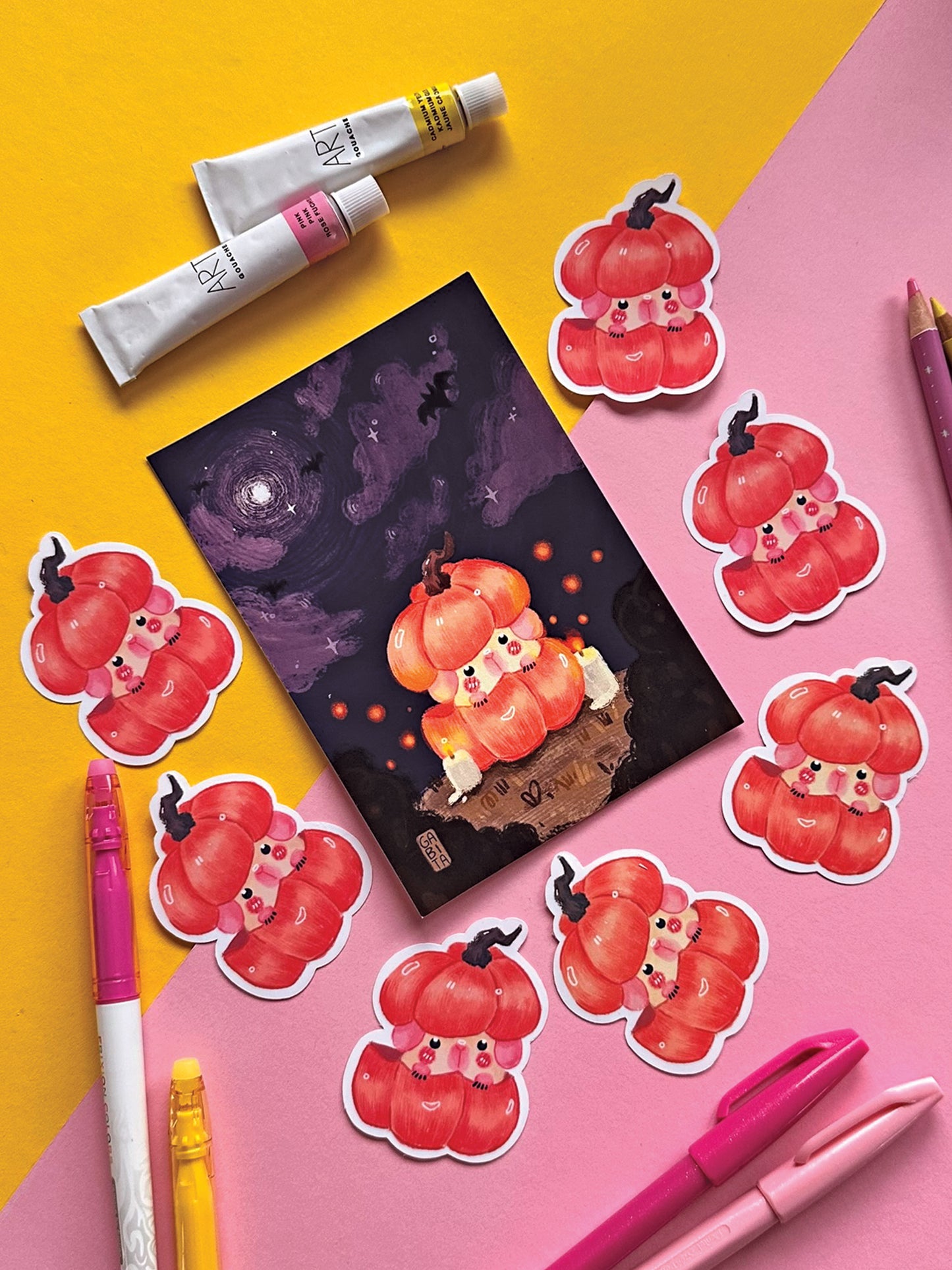 Halloween Pumpkin Guinea Pig Art Print - Cute Hand-Drawn Kawaii Art for Fall