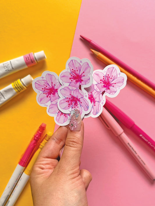 Pink Sakura Blossom Vinyl Sticker - Handmade Cute Stationery Decor - Hand Drawn Floral Art - Cherry Blossom Illustration
