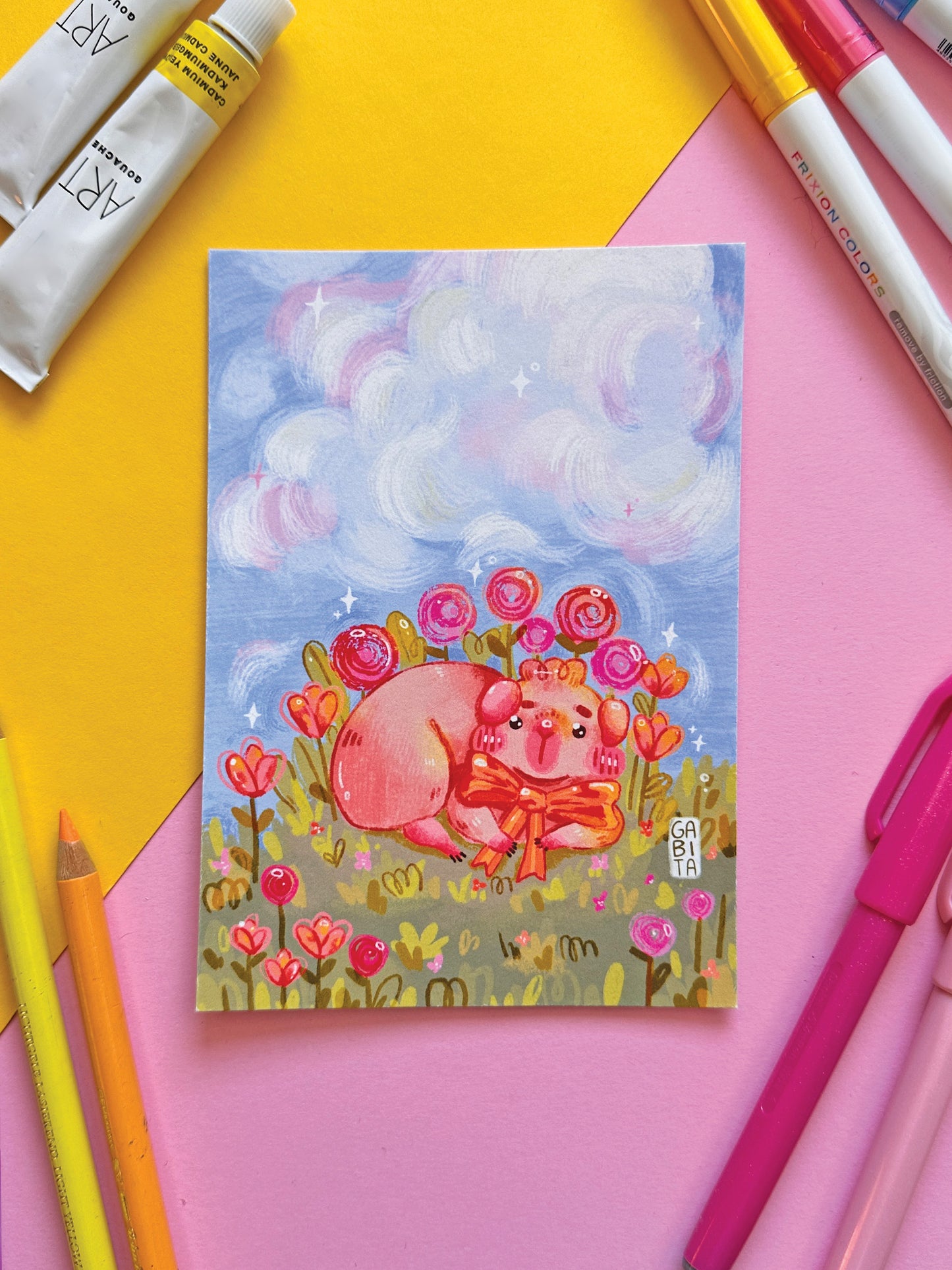 Spring is here | A6 Art Print | Hand Drawn Illustration, Home decor, cute, cozy, animal, guinea pig