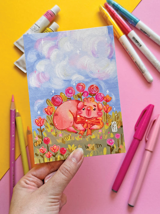 Spring is here | A6 Art Print | Hand Drawn Illustration, Home decor, cute, cozy, animal, guinea pig