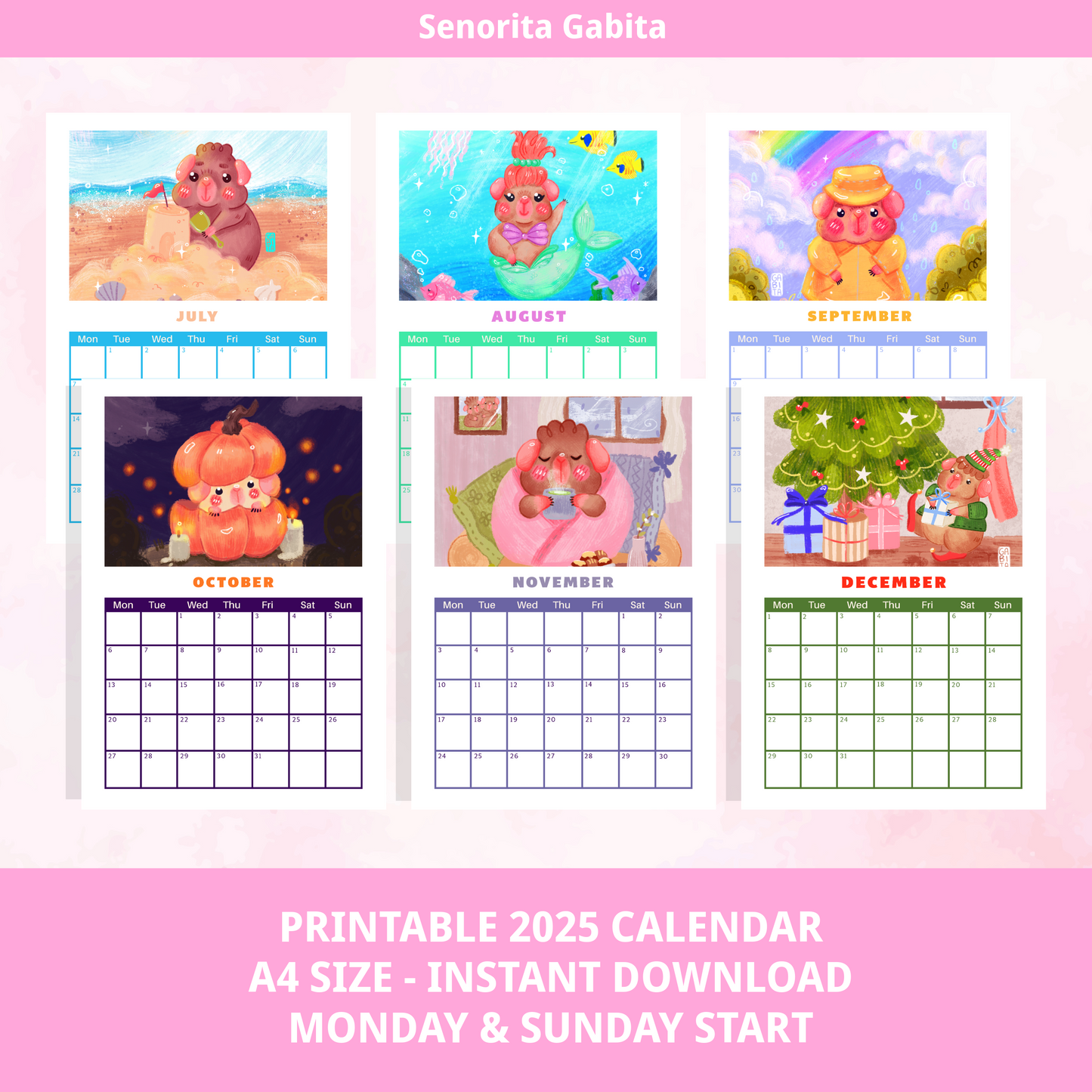 2025 Calendar Printable, Monthly Calendar PDF, Digital Cute Illustration, Wall Decor, Size A4, Vertical Layout, Animal Guinea Pig Art
