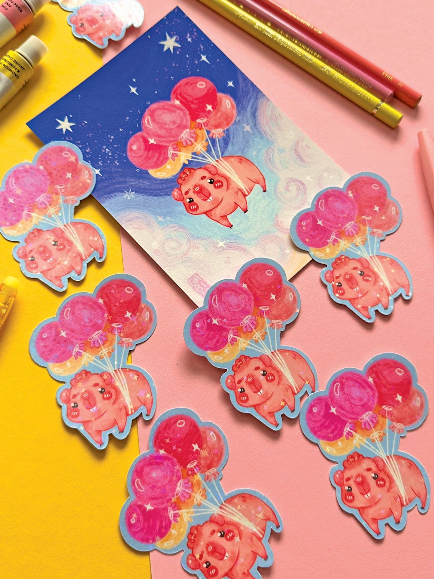 Kawaii Guinea Pig Sticker with Balloons, Holographic Glitter Vinyl Decal for Stationery Decor