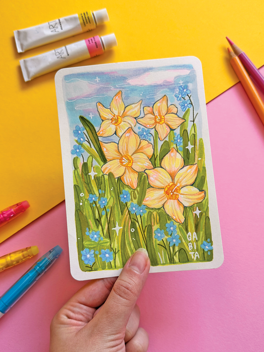 Yellow Daffodil Original Artwork A6, Acrylic Marker, Colored Pencil, Handmade, Hand Drawn Flower Art, Colorful Botanical Drawing, Art Gift