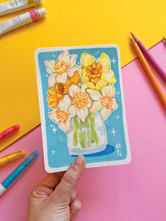 Yellow Daffodil Original Artwork A6, Acrylic Marker, Colored Pencil, Handmade, Hand Drawn Flower Art, Colorful Botanical Drawing, Art Gift