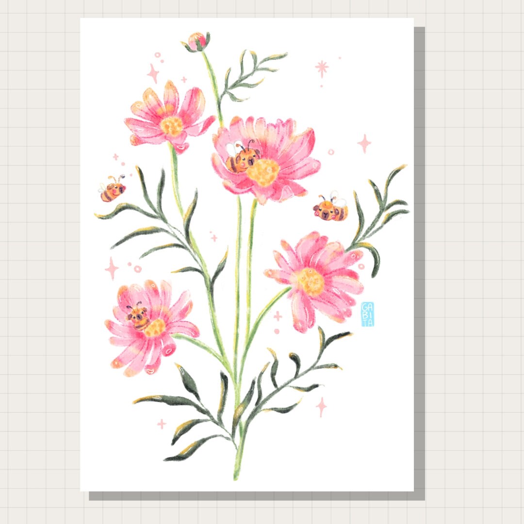 Cosmos and Bees | Flower Illustration | Art Print | Digital Artwork | cute art, guinea pig art, pet portrait, wall decor, flower art