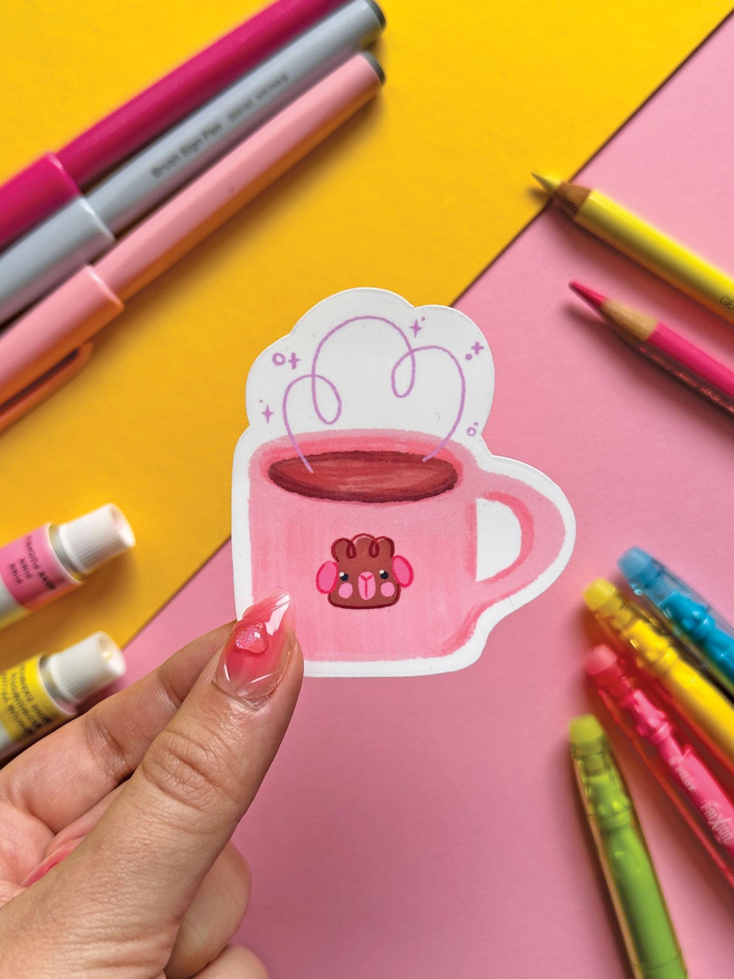 Cozy Coffee Guinea Pig Mug | Waterproof Vinyl Sticker | Cute Sticker | Digital Art, Stickers, Stationery, kawaii, Guinea Pig, animal