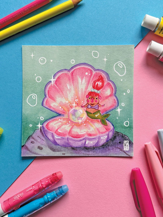 My precious Pearl | Mermaid | Square Art Print | Hand Drawn Illustration, Home decor, cute, cozy, animal, guinea pig