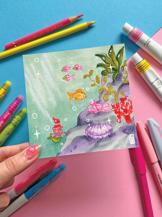 Under the Sea | Mermaid | Square Art Print | Hand Drawn Illustration, Home decor, cute, cozy, animal, guinea pig