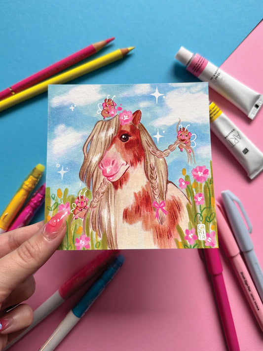 Pretty Pony | Square Art Print | Hand Drawn Illustration, Home decor, cute, cozy, animal, guinea pig, pony, wholesome art