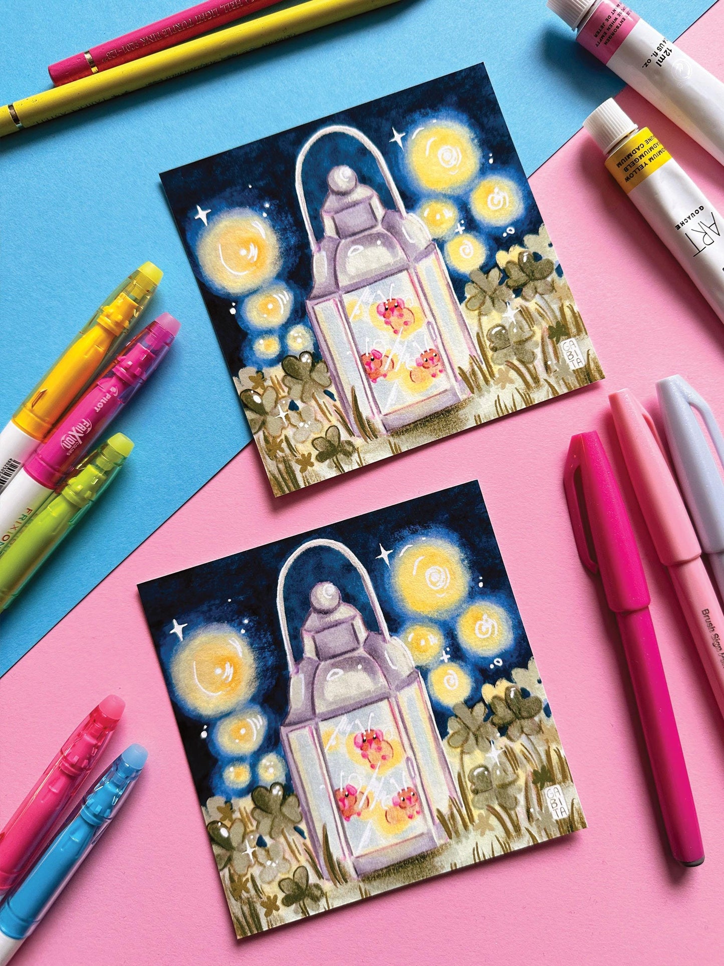 Glowing Fairy Pig Lamp | Square Art Print | Hand Drawn Illustration, Home decor, cute, cozy, animal, guinea pig, floral art