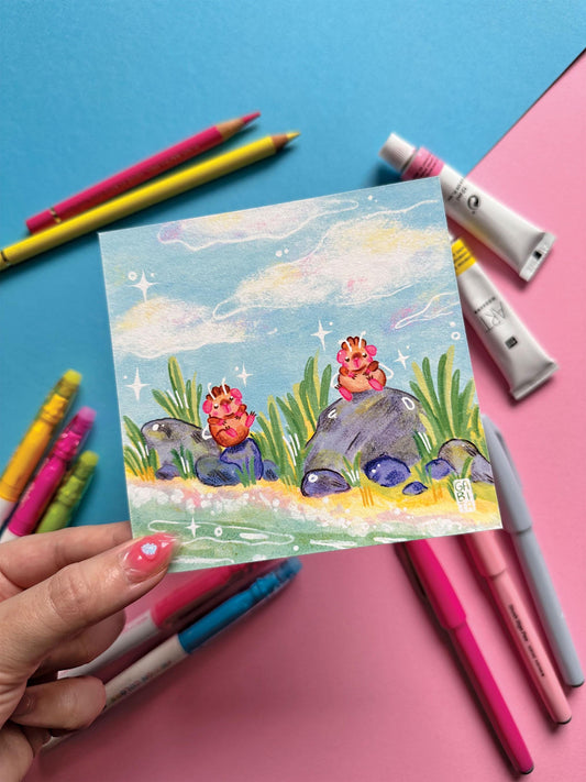 Relaxing at the Beach | Square Art Print | Hand Drawn Illustration, Home decor, cute, cozy, animal, guinea pig, floral art