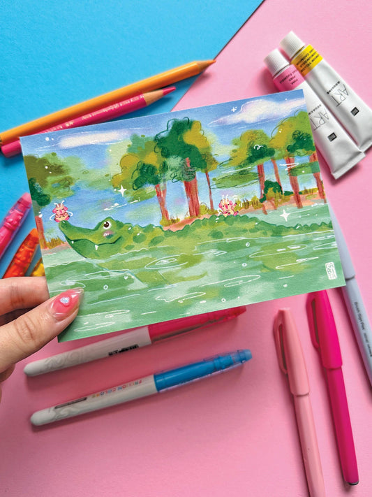 Let's be Friends | Fairy Pig | Crocodile | Art Print | Hand Drawn Illustration, Home decor, cute, cozy, animal, guinea pig