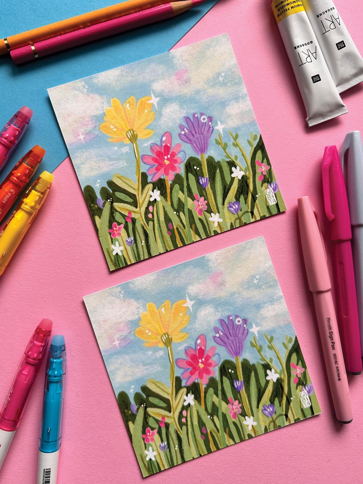 Flower Meadow | Square Art Print | Hand Drawn Illustration, Home decor, cute, cozy, floral art, pastel aesthetic