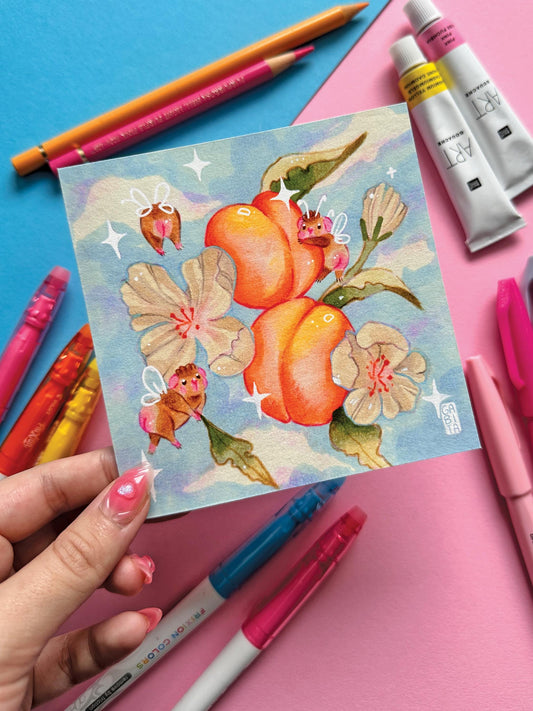 Cheeky Apricots | Square Art Print | Hand Drawn Illustration, Home decor, cute, cozy, animal, guinea pig, floral art, fruit art