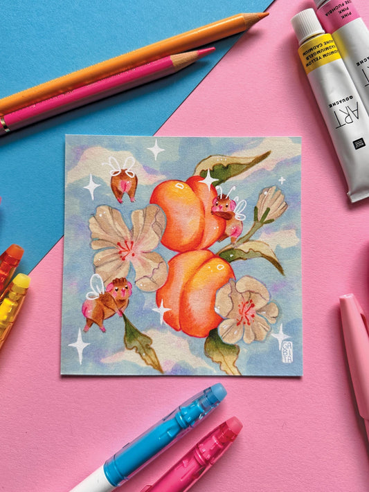Cheeky Apricots | Square Art Print | Hand Drawn Illustration, Home decor, cute, cozy, animal, guinea pig, floral art, fruit art