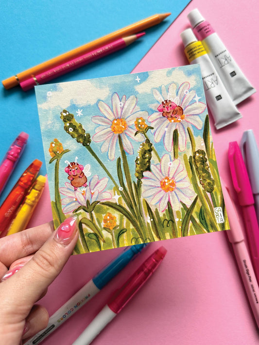 Daisy Meadow & Fairy Pigs | Square Art Print | Hand Drawn Illustration, Home decor, cute, cozy, animal, guinea pig, floral art