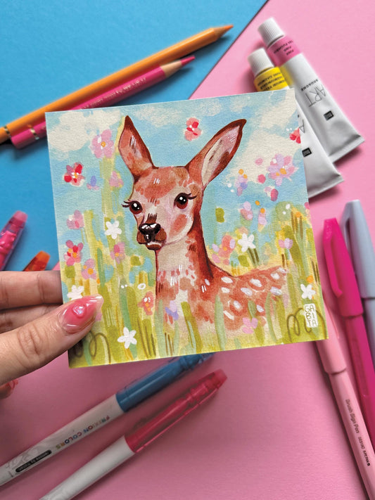 Cute Fawn in a Flower Meadow | Square Art Print | Hand Drawn Illustration, Home decor, cute, cozy, animal, floral art