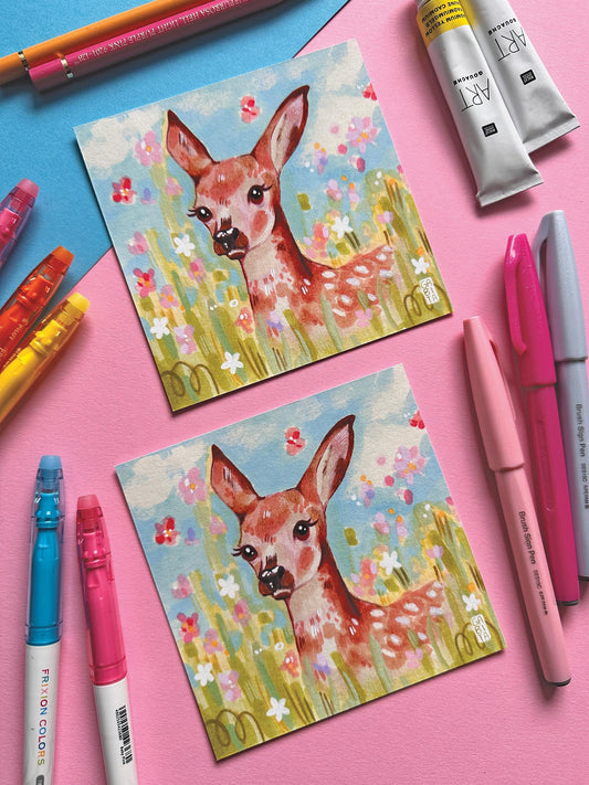 Cute Fawn in a Flower Meadow | Square Art Print | Hand Drawn Illustration, Home decor, cute, cozy, animal, floral art