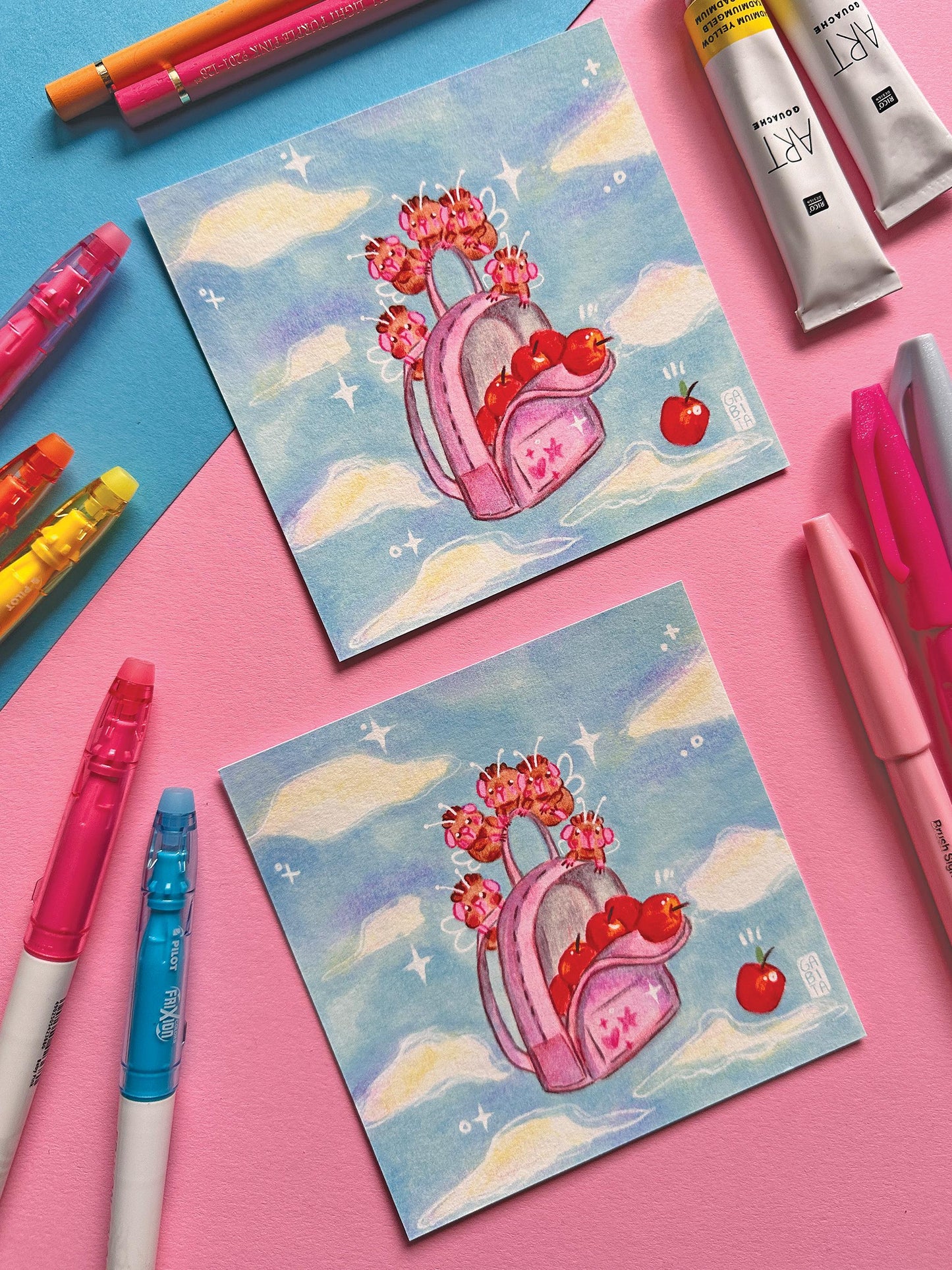 Backpack full of Apples | Fairy Pig | Square Art Print | Hand Drawn Illustration, Home decor, cute, cozy, animal, guinea pig, floral art