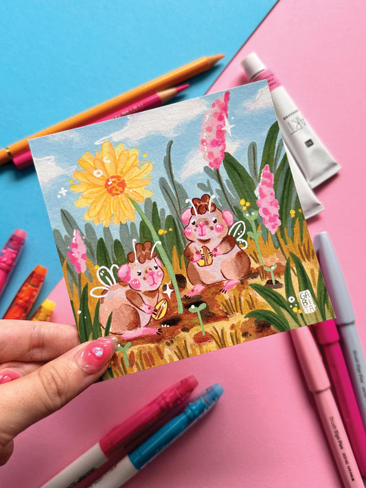 Little Gardeners | Square Art Print | Hand Drawn Illustration, Home decor, cute, cozy, animal, guinea pig, floral art