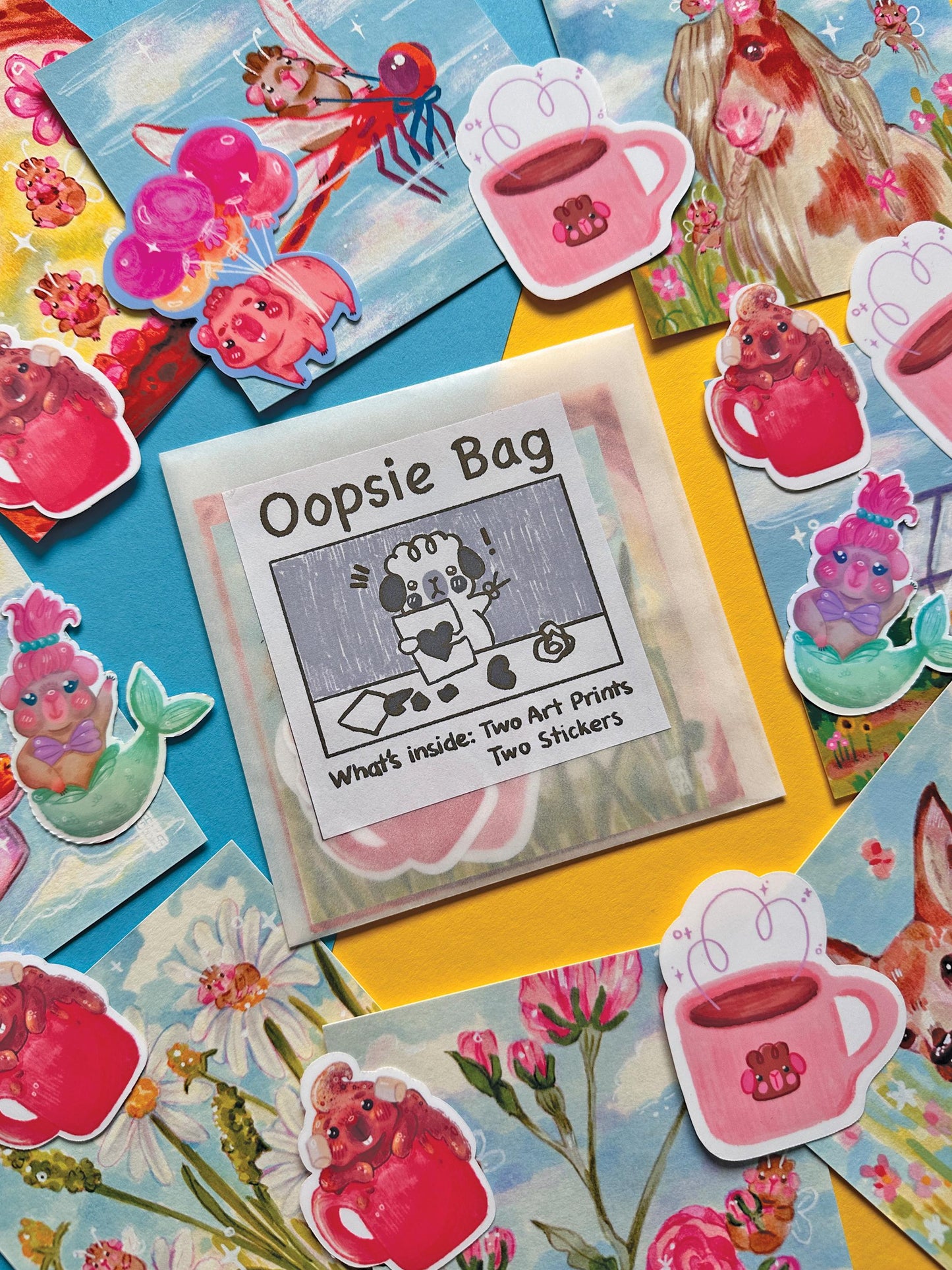 Oopsie Mystery Big Bag | Square Art Print | Waterproof Vinyl Sticker | Hand Drawn Illustration, Home decor, cute, cozy, animal, guinea pig