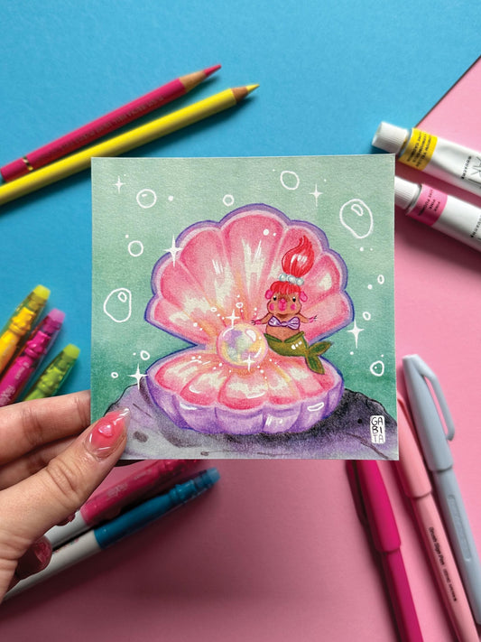 My precious Pearl | Mermaid | Square Art Print | Hand Drawn Illustration, Home decor, cute, cozy, animal, guinea pig