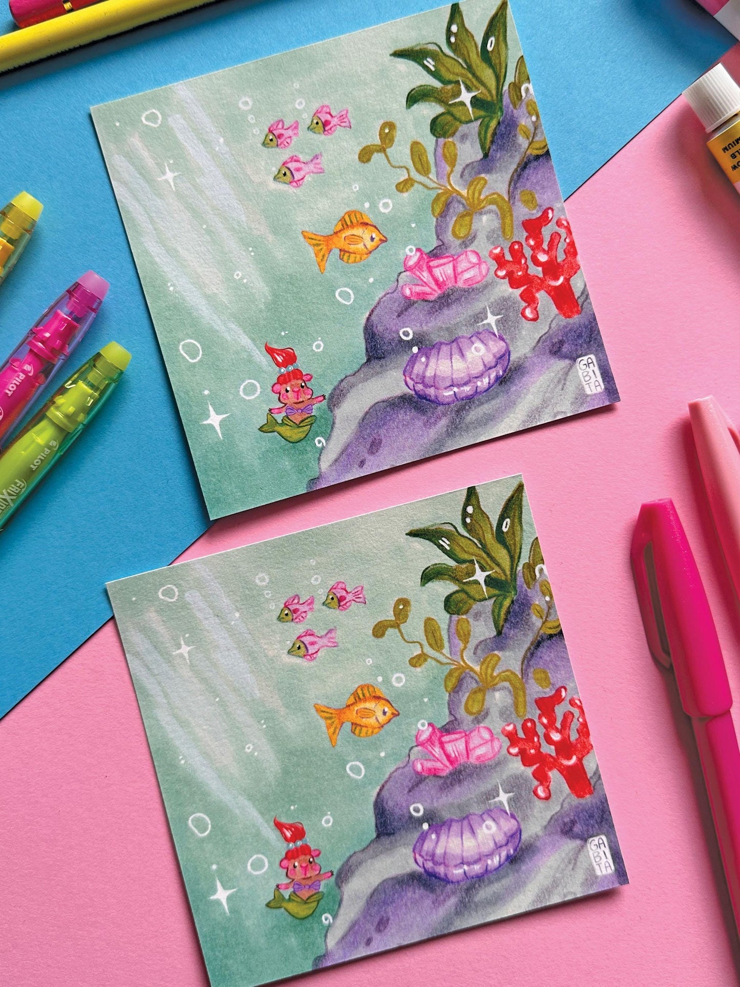 Under the Sea | Mermaid | Square Art Print | Hand Drawn Illustration, Home decor, cute, cozy, animal, guinea pig