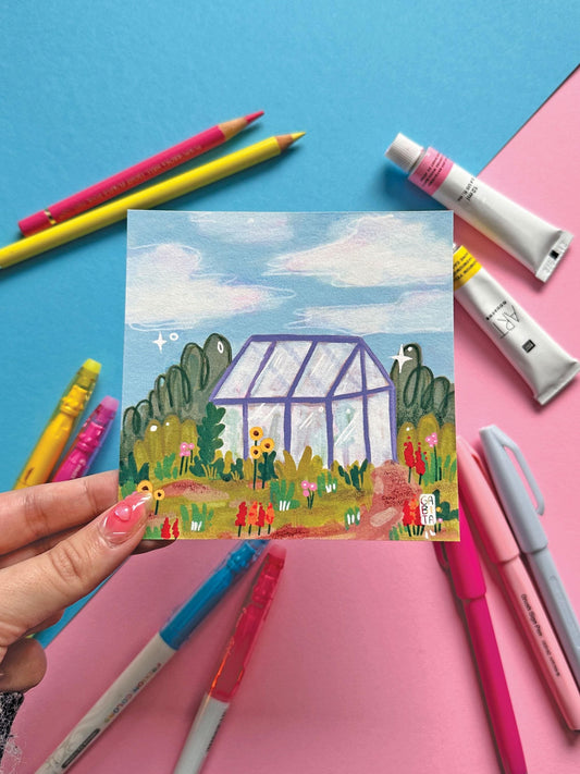 Little Greenhouse | Square Art Print | Hand Drawn Illustration, Home decor, cute, cozy, floral art