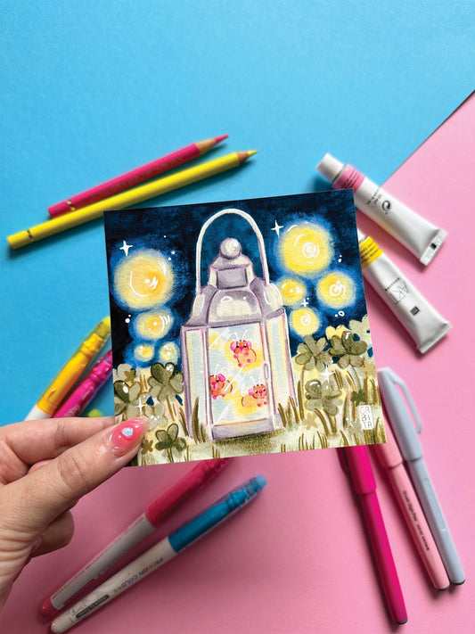 Glowing Fairy Pig Lamp | Square Art Print | Hand Drawn Illustration, Home decor, cute, cozy, animal, guinea pig, floral art