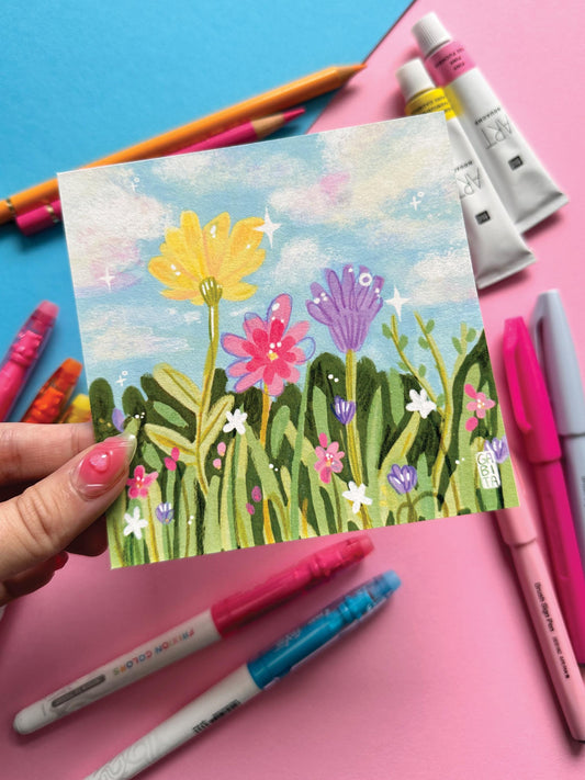 Flower Meadow | Square Art Print | Hand Drawn Illustration, Home decor, cute, cozy, floral art, pastel aesthetic