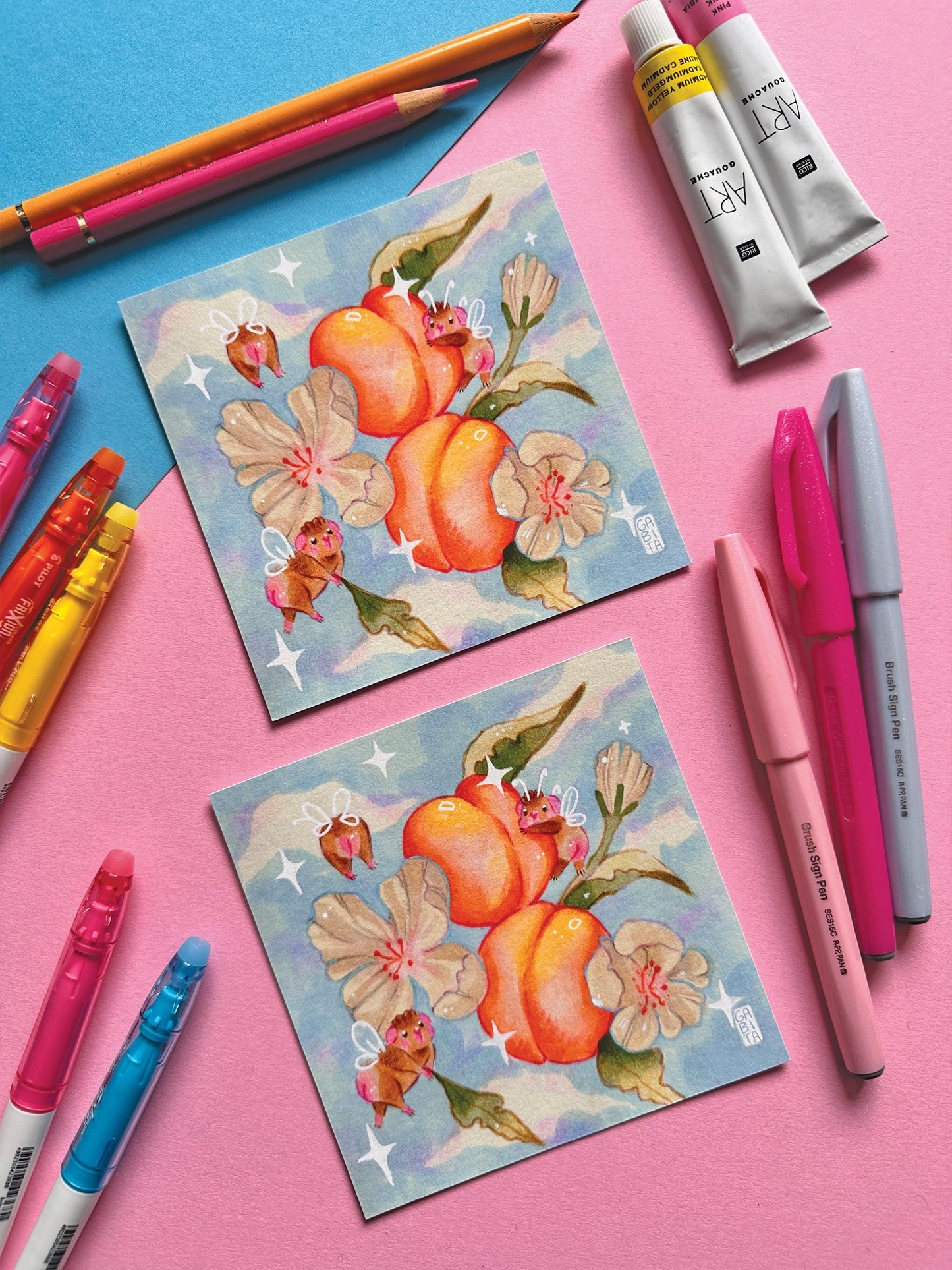 Cheeky Apricots | Square Art Print | Hand Drawn Illustration, Home decor, cute, cozy, animal, guinea pig, floral art, fruit art