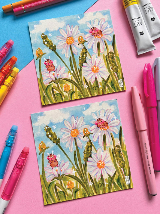 Daisy Meadow & Fairy Pigs | Square Art Print | Hand Drawn Illustration, Home decor, cute, cozy, animal, guinea pig, floral art