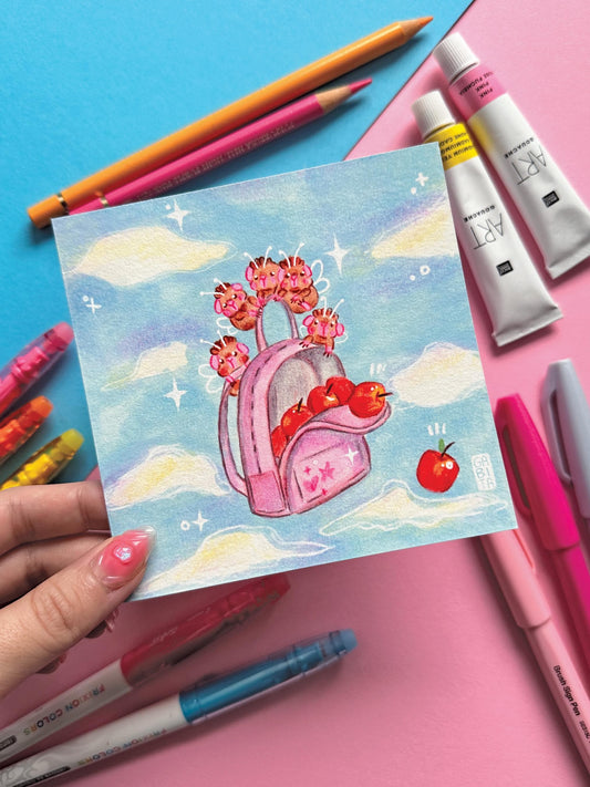 Backpack full of Apples | Fairy Pig | Square Art Print | Hand Drawn Illustration, Home decor, cute, cozy, animal, guinea pig, floral art