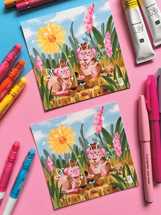 Little Gardeners | Square Art Print | Hand Drawn Illustration, Home decor, cute, cozy, animal, guinea pig, floral art