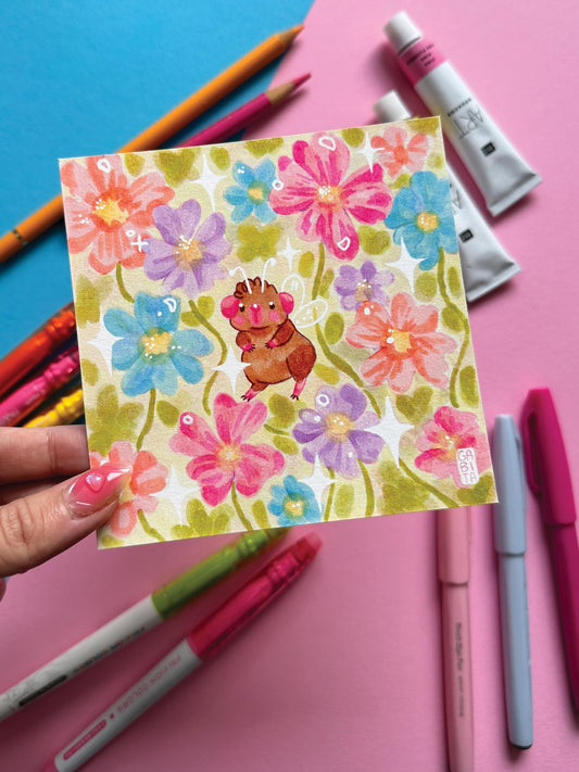 Sparkles & Flowers | Fairy Pig | Square Art Print | Hand Drawn Illustration, Home decor, cute, cozy, animal, guinea pig, floral art