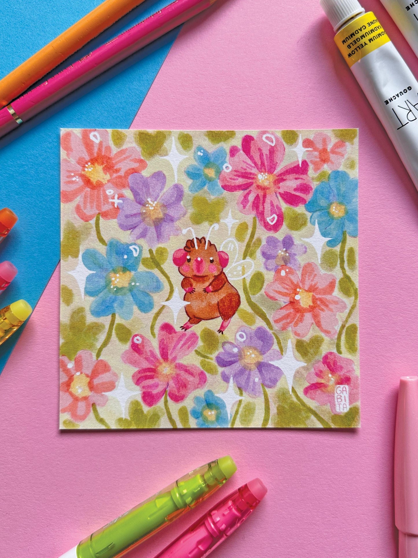 Sparkles & Flowers | Fairy Pig | Square Art Print | Hand Drawn Illustration, Home decor, cute, cozy, animal, guinea pig, floral art