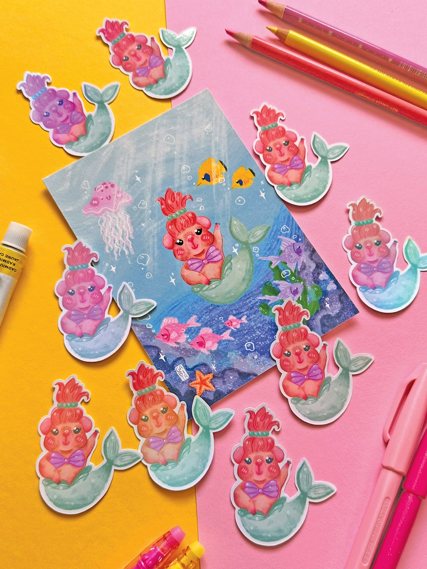 Mermaid Guinea Pig Holographic Sticker, Kawaii Art Illustration, Cute Stationery Decor