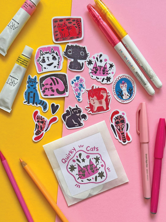 Colorful Quirky Cat Sticker Pack - Handmade Kawaii Art for Cat Lovers