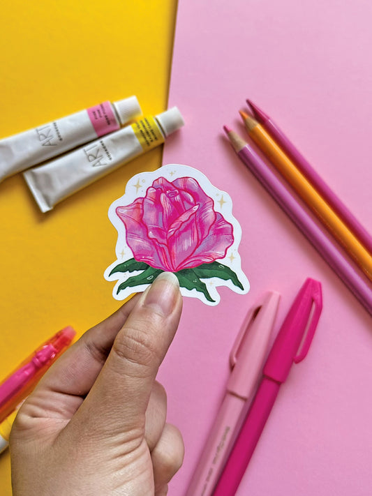 Pink Rose Flower Sticker - Hand Drawn Spring Vinyl Decal for Stationery and Cute Gift Idea