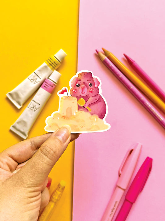 Kawaii Guinea Pig Sticker with Sandcastle, Vinyl Decal for Stationery Decor, Adorable Animal Art