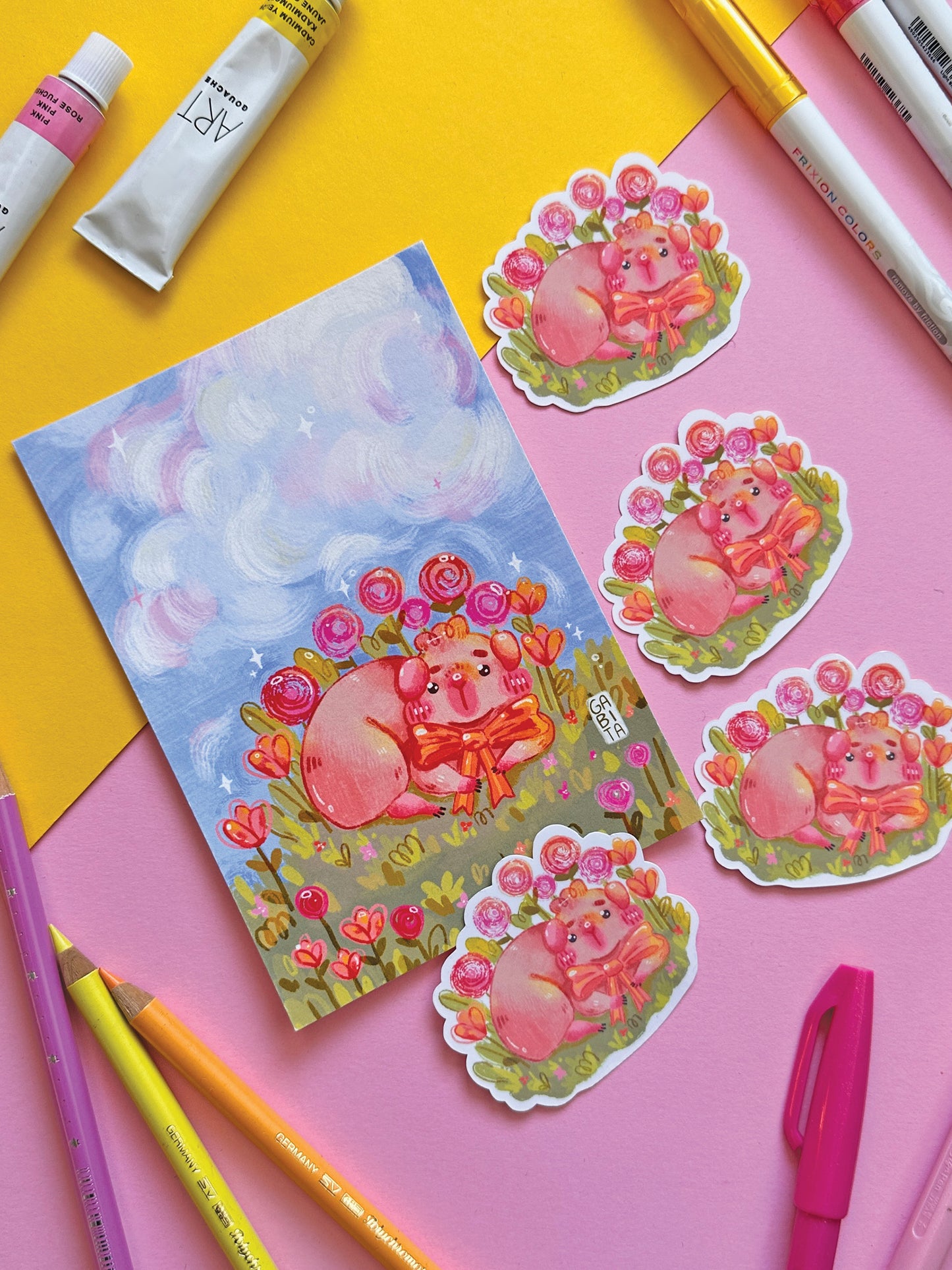 Spring is here | A6 Art Print | Hand Drawn Illustration, Home decor, cute, cozy, animal, guinea pig