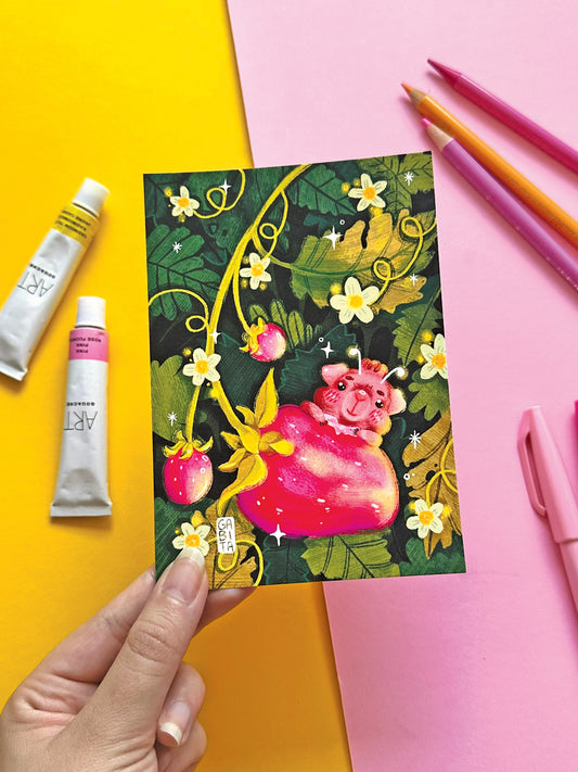 Whimsical Fairy Guinea Pig Strawberry Art Print, Adorable Hand-Drawn Illustration