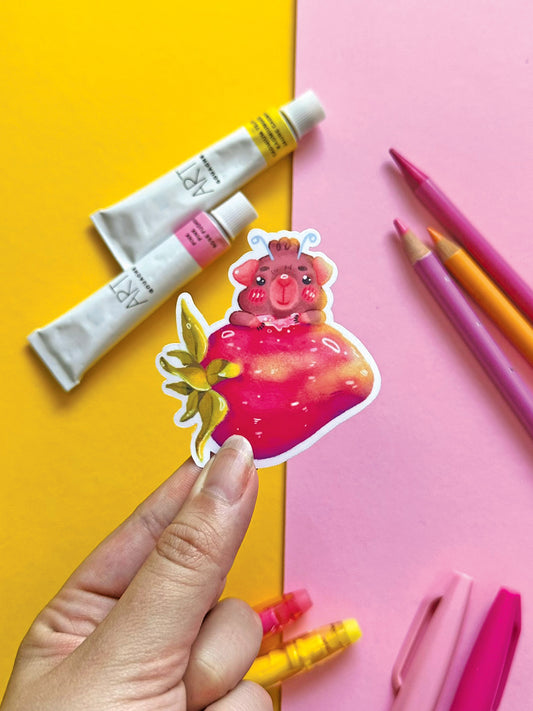 Whimsical Fairy Guinea Pig Strawberry Sticker, Kawaii Art Illustration, Stationery Decor