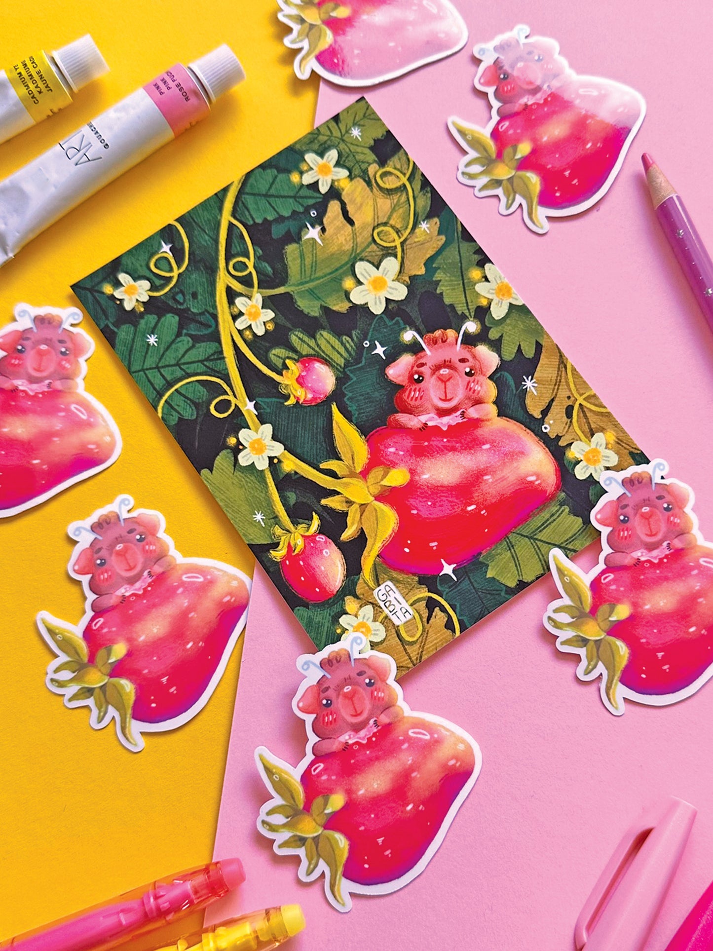 Whimsical Fairy Guinea Pig Strawberry Art Print, Adorable Hand-Drawn Illustration