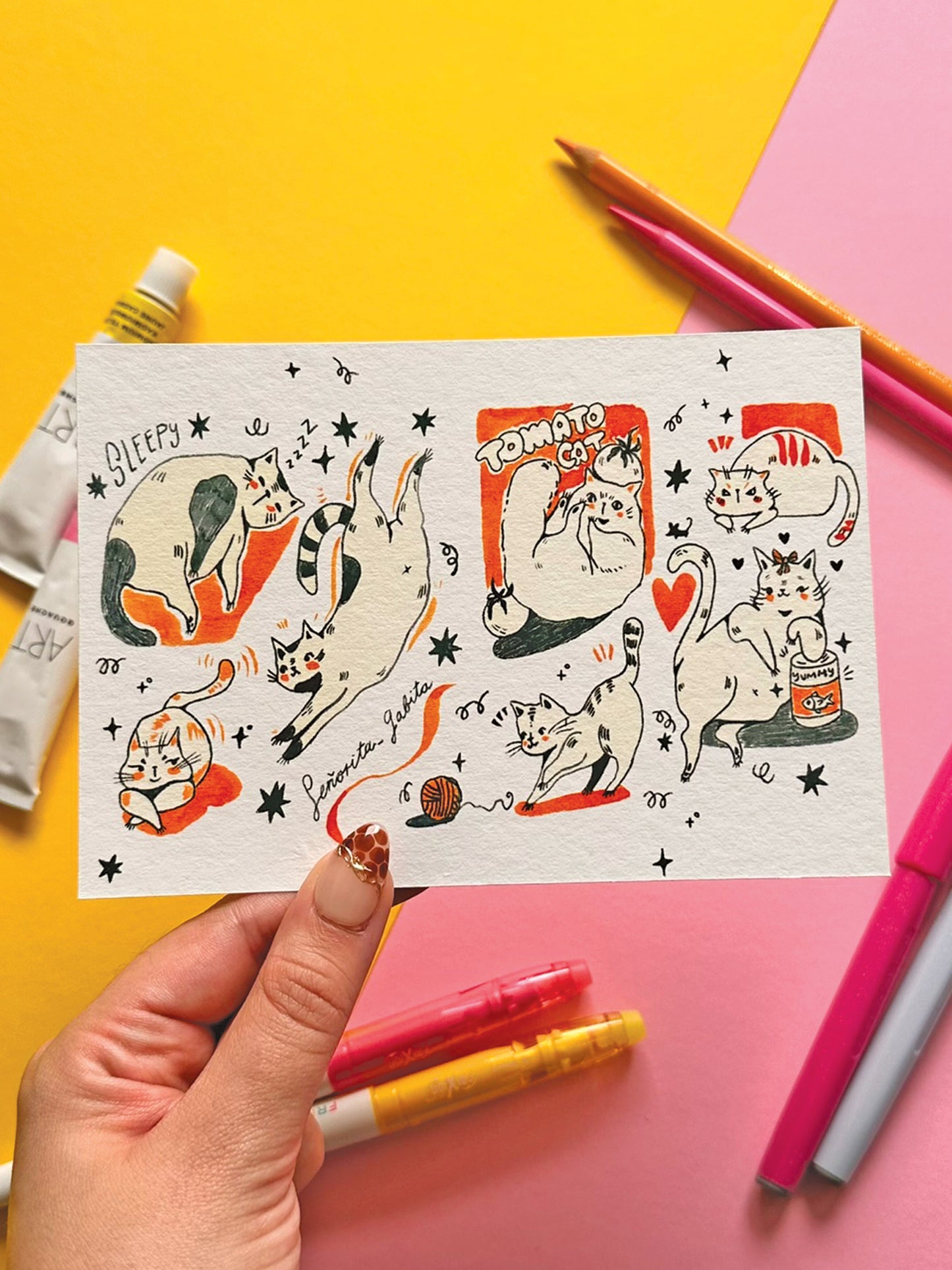 Whimsical Cat A6 Print - Hand-Drawn Adorable Cat Art on Fine Art Paper - Cat Lover's Gift