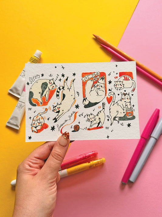 Whimsical Cat A6 Print - Hand-Drawn Adorable Cat Art on Fine Art Paper - Cat Lover's Gift